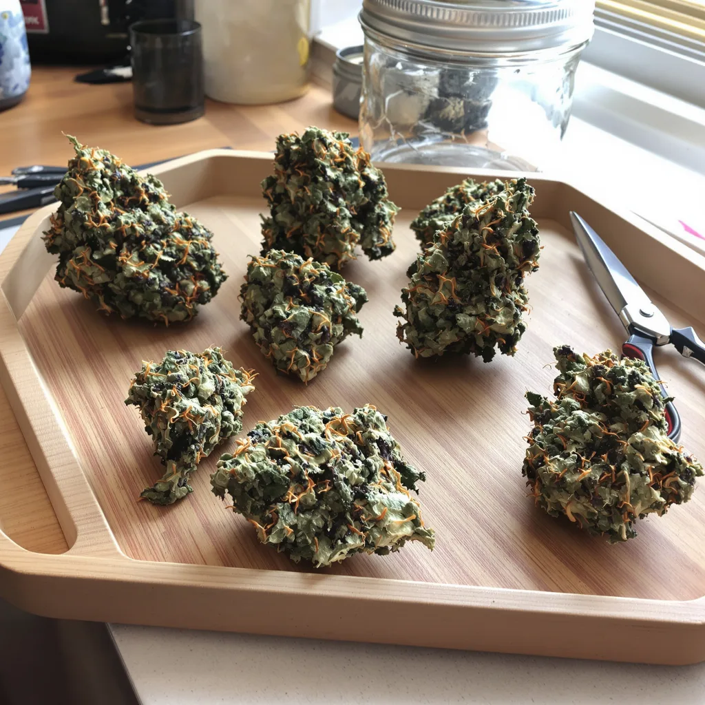True OG 75% indica / 25% sativa — fleur avec trichomes visibles