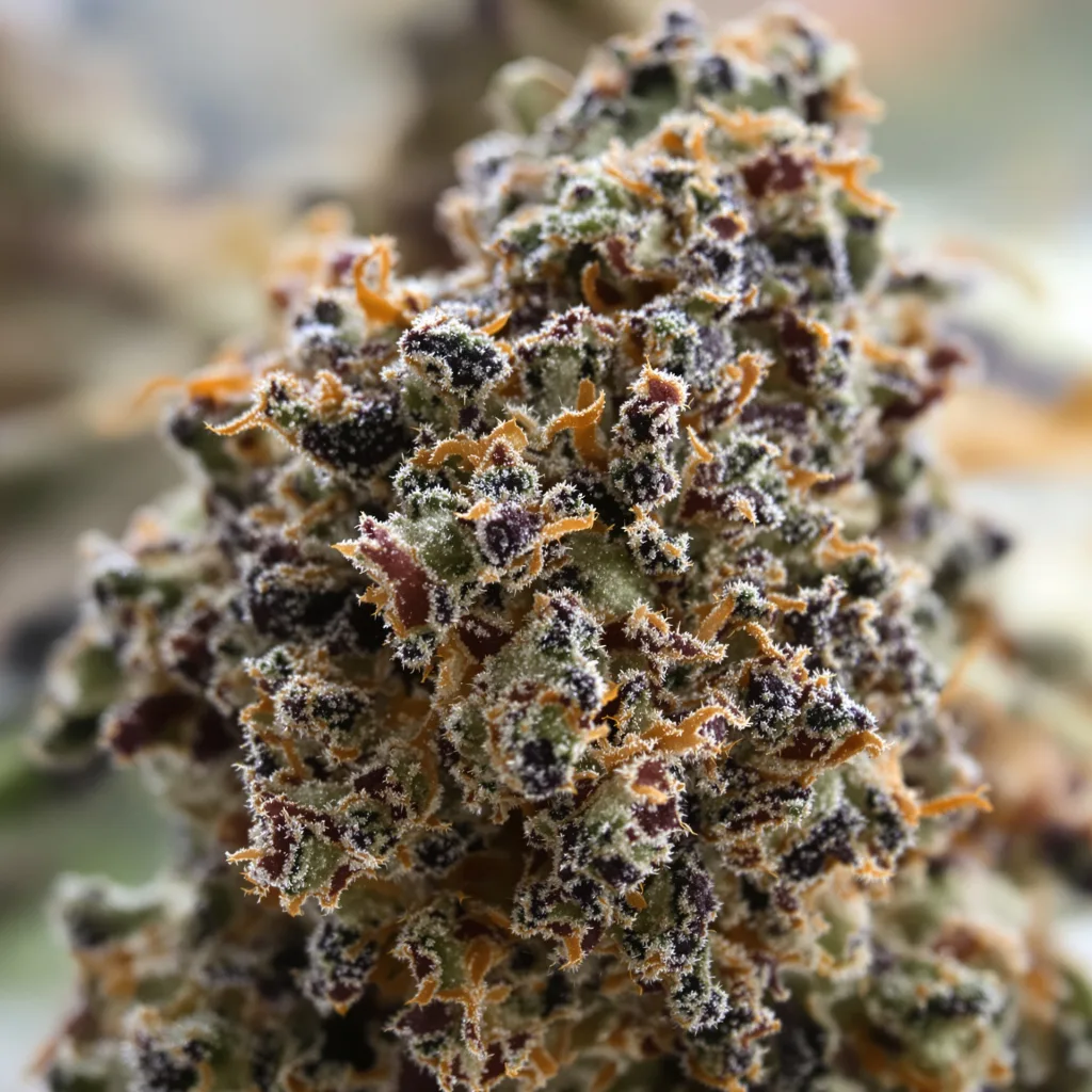Gros plan de fleur de cannabis True OG montrant calices denses aux reflets violets
