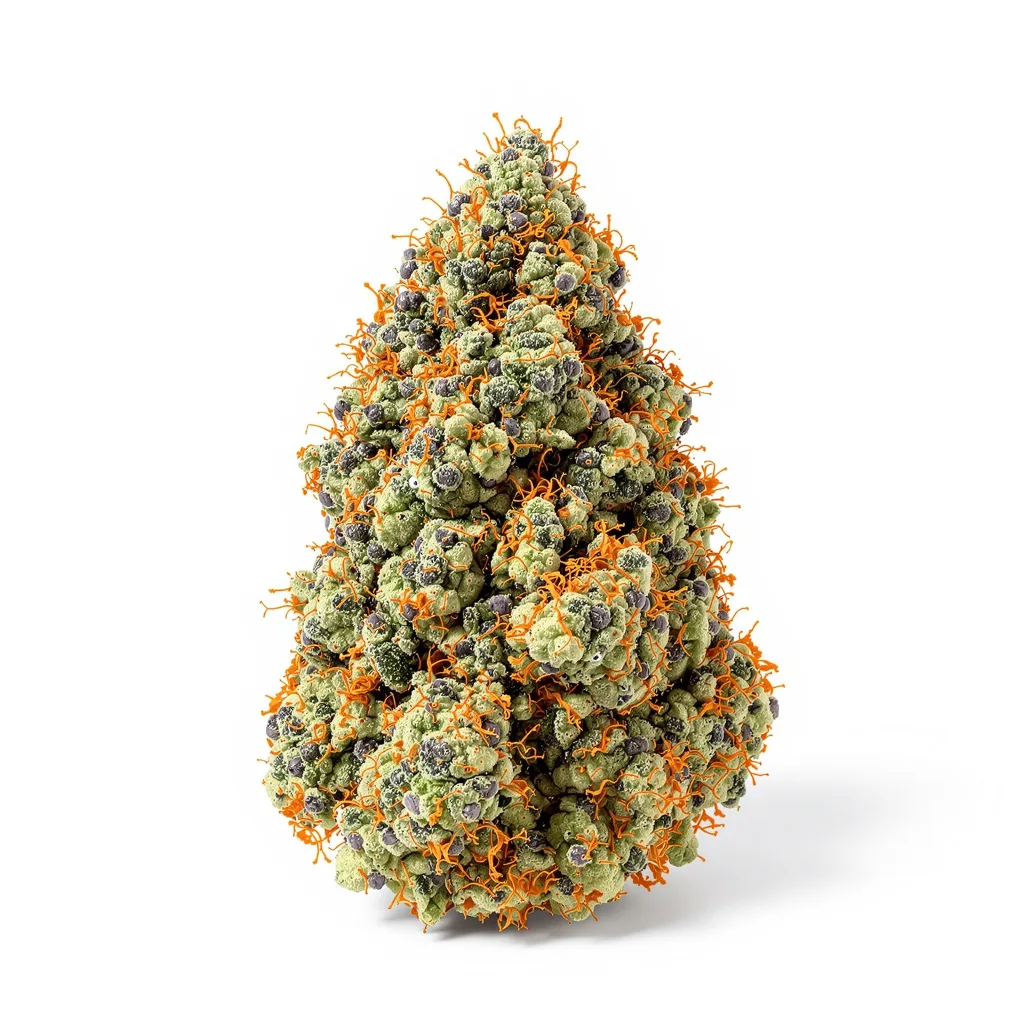 True OG 75% indica / 25% sativa — fleur avec trichomes visibles