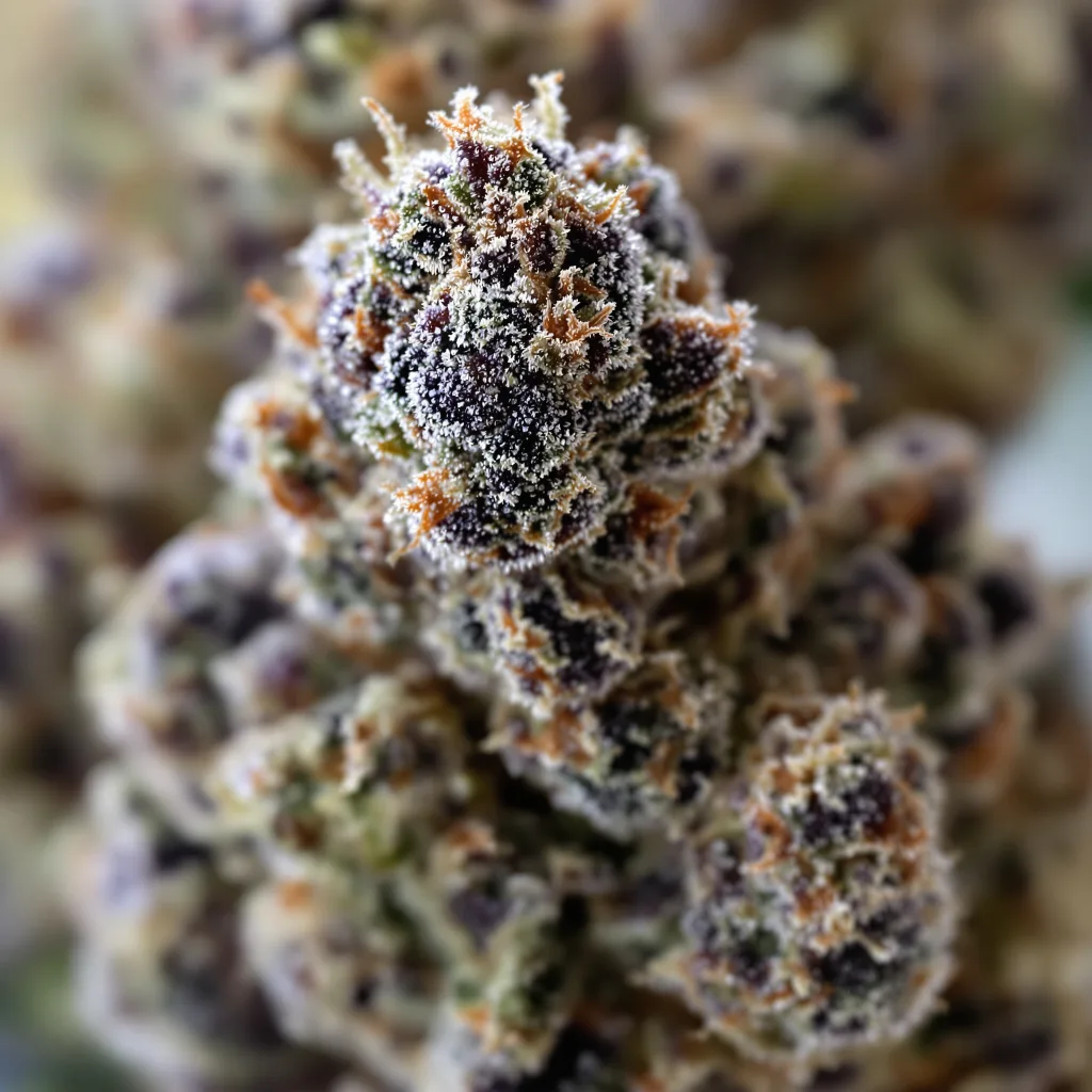 Gros plan de fleur de cannabis Tuna Kush montrant calices denses aux reflets violets
