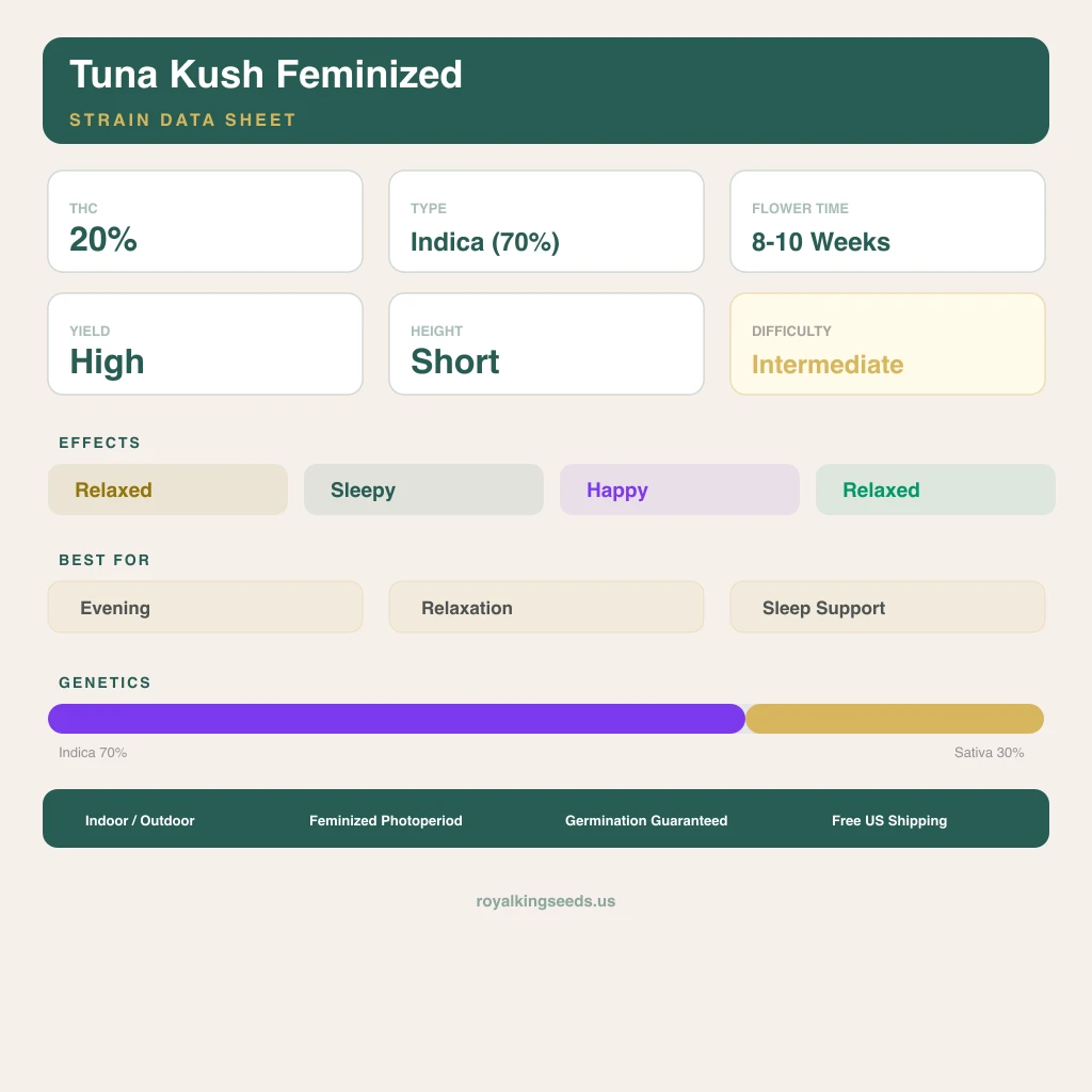 Tuna Kush 70% indica / 30% sativa — fleur avec trichomes visibles