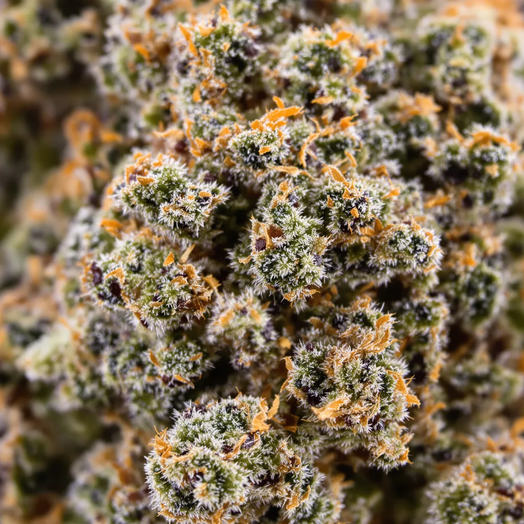 Gros plan de fleur de cannabis Tuna Kush montrant calices denses aux reflets violets