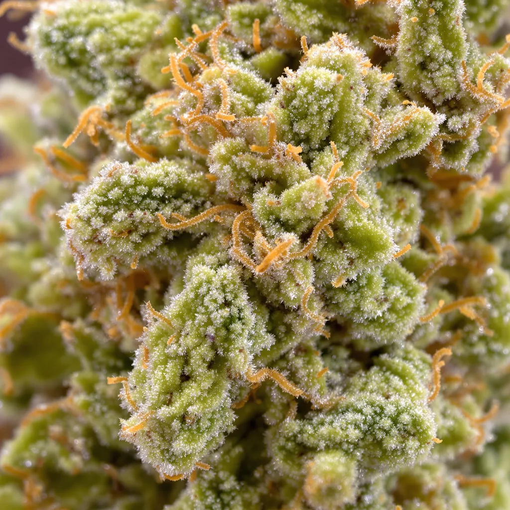 Gros plan de fleur de cannabis Turbo Mind Warp montrant structure aérée vert lime