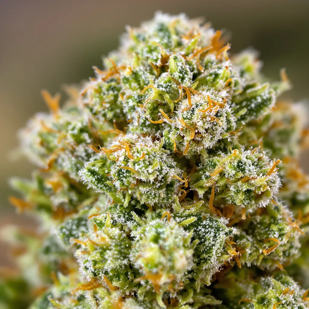 Gros plan de fleur de cannabis Tutankhamon montrant structure aérée vert lime