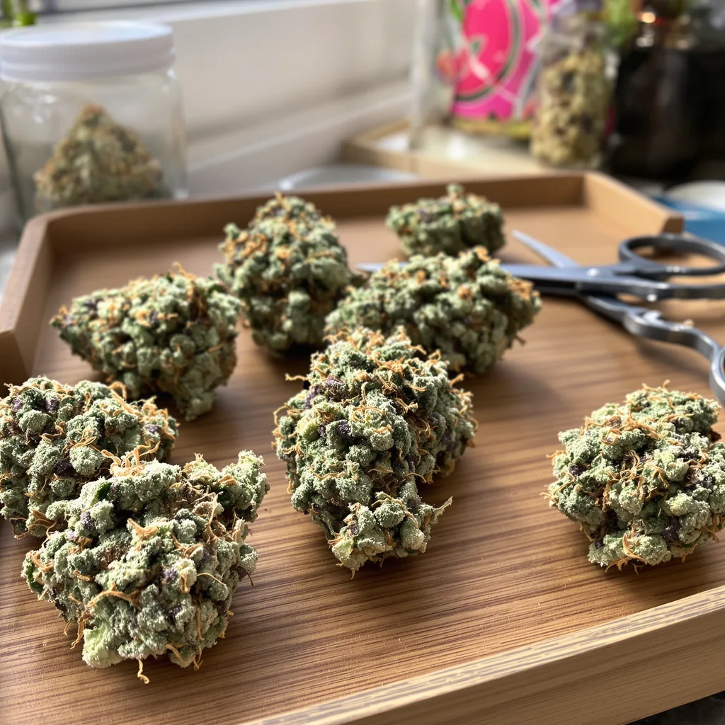 Tutti Frutti 44% indica / 56% sativa — fleur avec trichomes visibles
