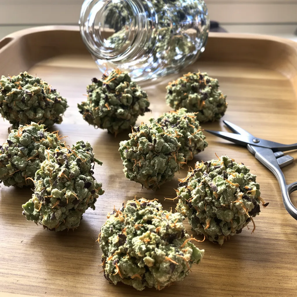 Tutti Frutti 44% indica / 56% sativa — fleur avec trichomes visibles