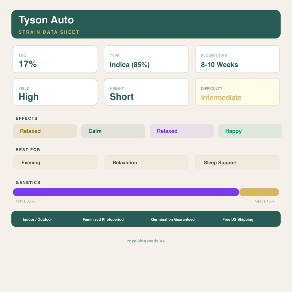 Tyson 85% indica / 15% sativa — fleur avec trichomes visibles
