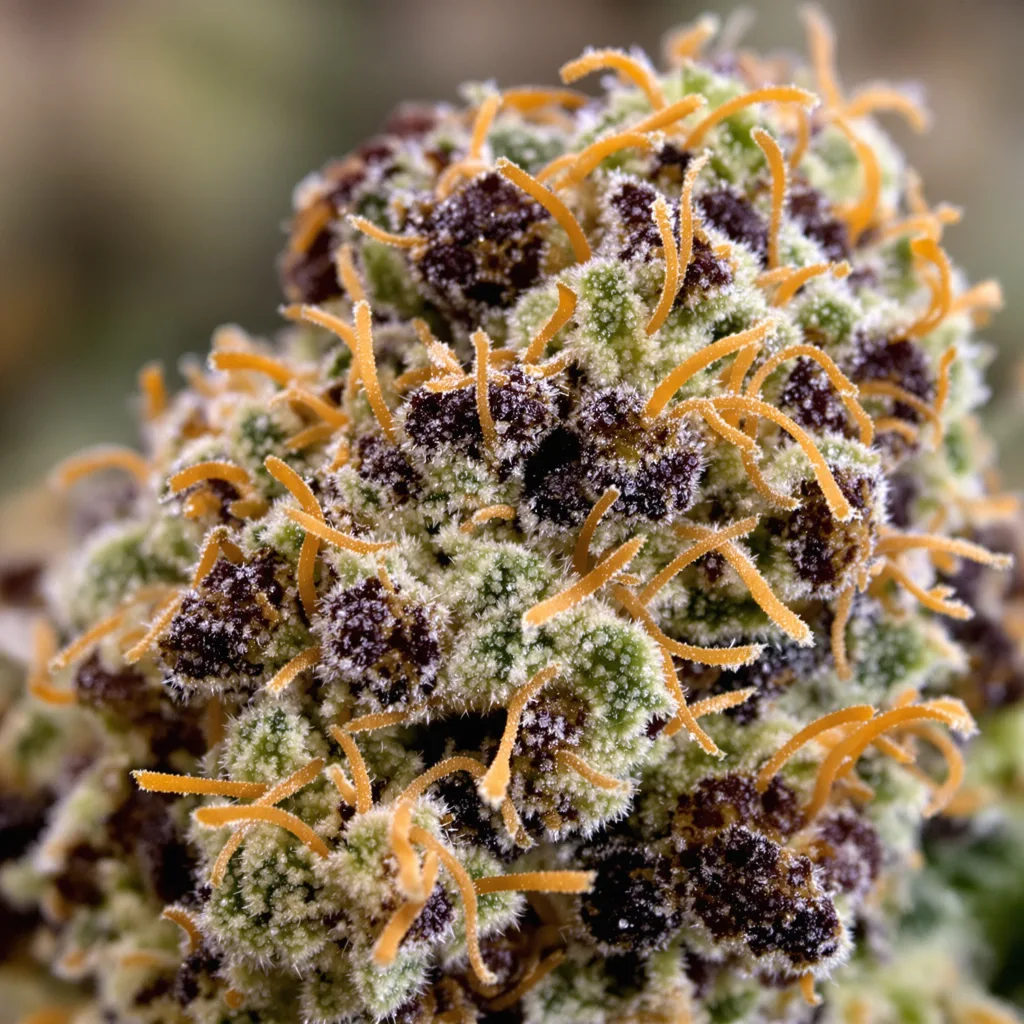 Gros plan de fleur de cannabis Tyson montrant calices denses aux reflets violets