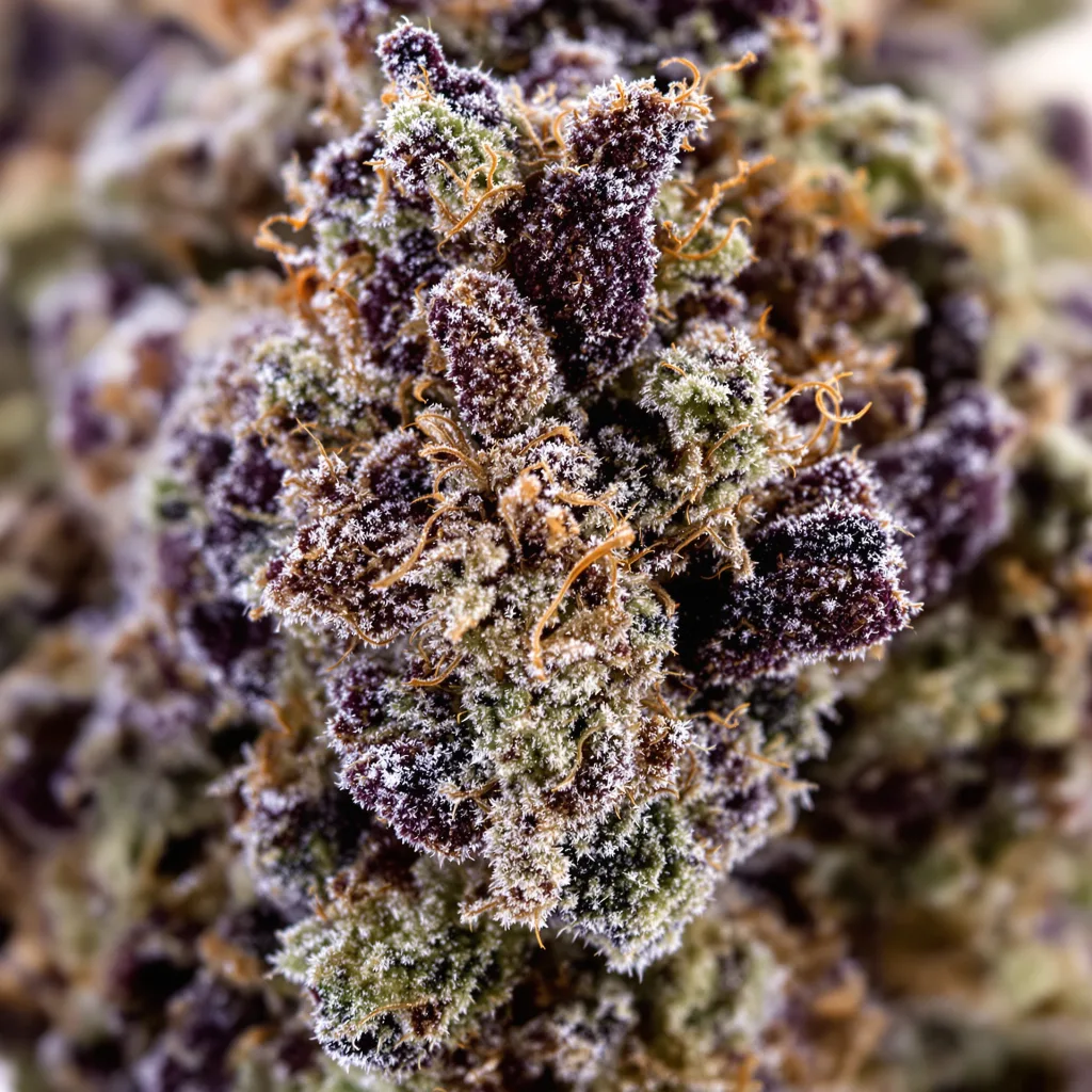 Gros plan de fleur de cannabis Tyson montrant calices denses aux reflets violets