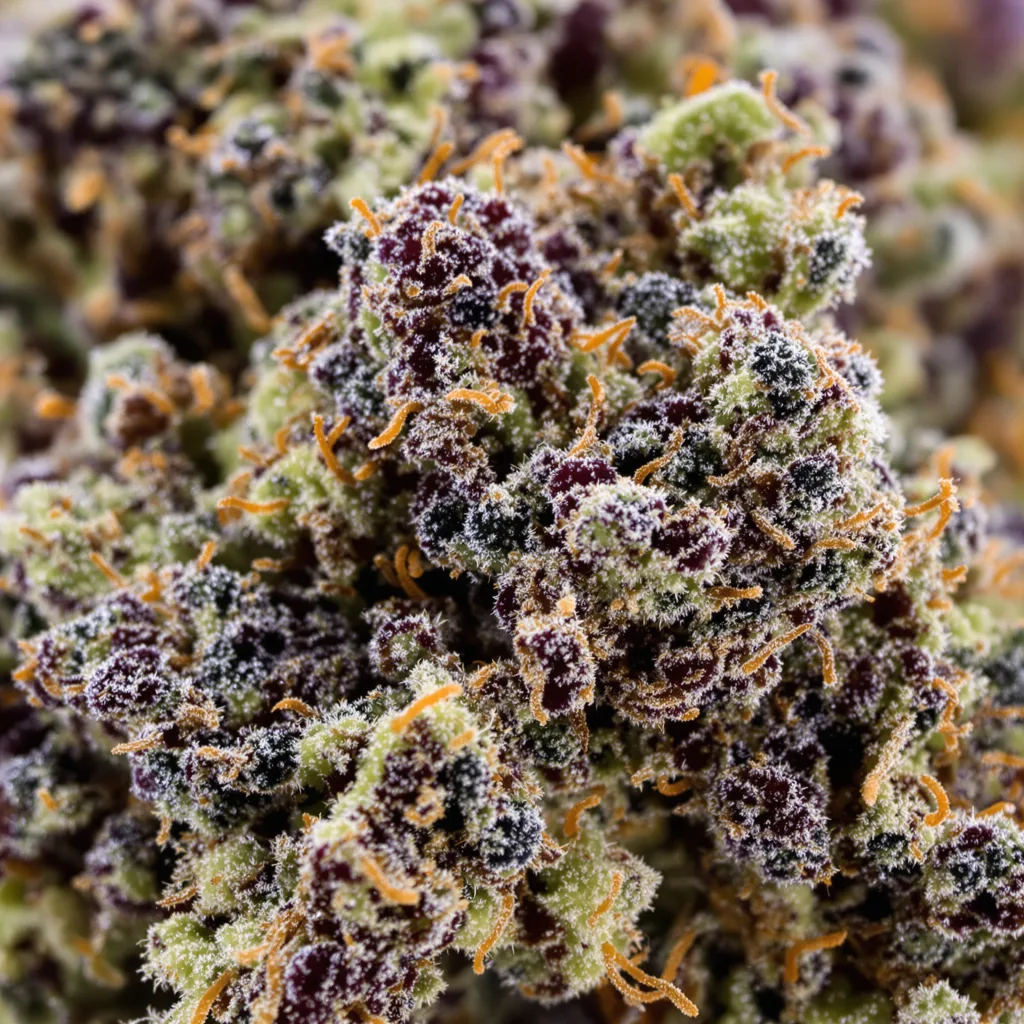Gros plan de fleur de cannabis U2 Kush montrant calices denses aux reflets violets