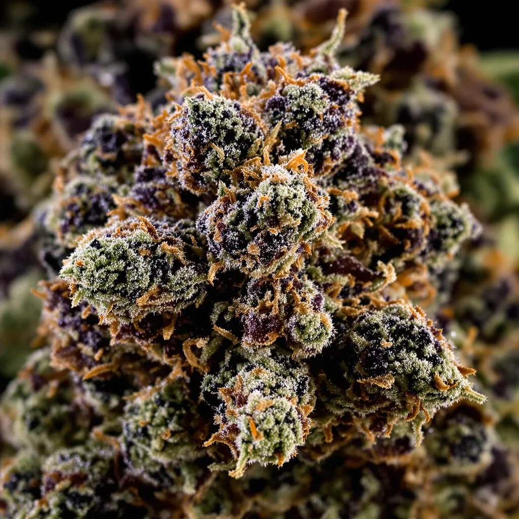 Gros plan de fleur de cannabis U2 Kush montrant calices denses aux reflets violets