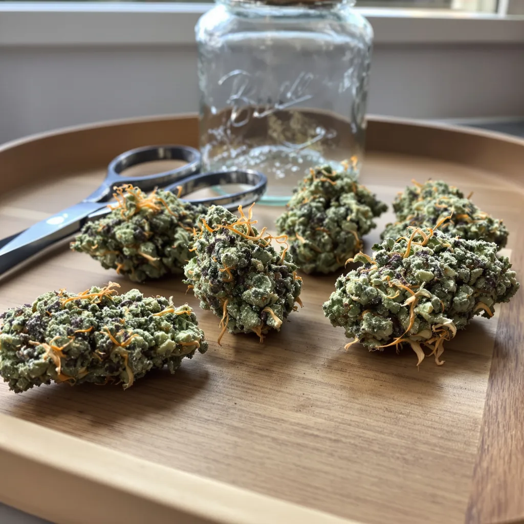 UK Cheese 40% indica / 50% sativa — fleur avec trichomes visibles