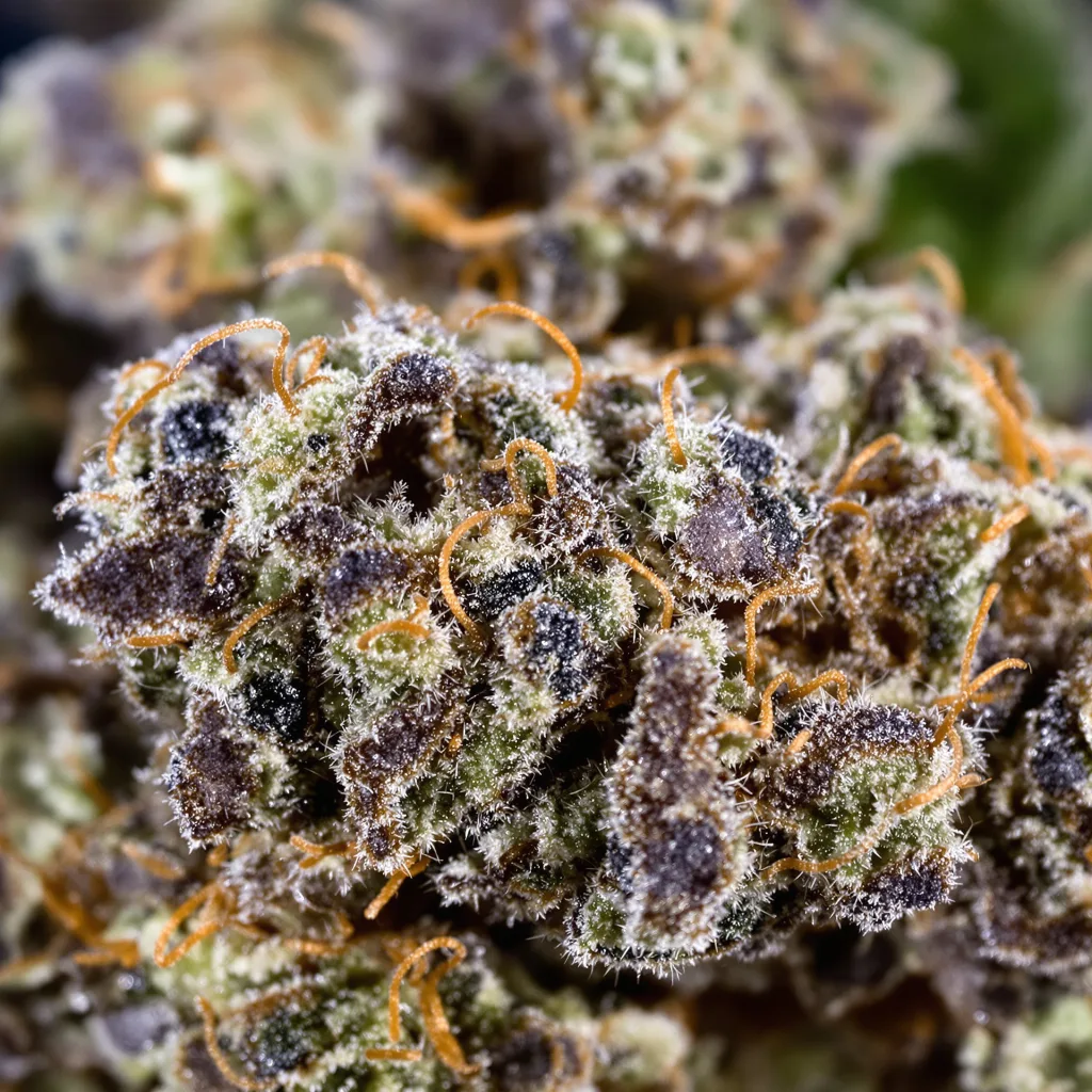 Gros plan de fleur de cannabis UW montrant calices denses aux reflets violets