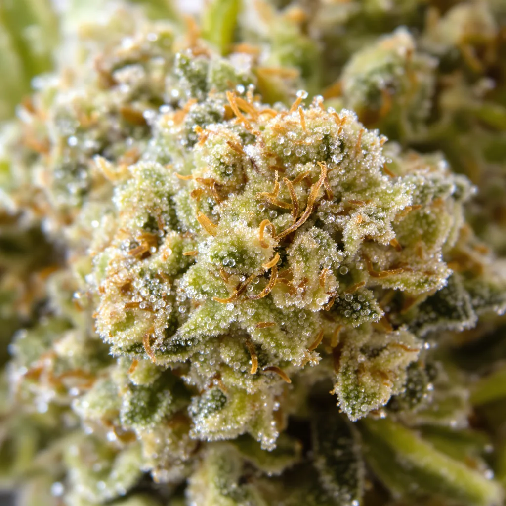 Gros plan de fleur de cannabis Valentine X CBD montrant fleur claire à faible résine