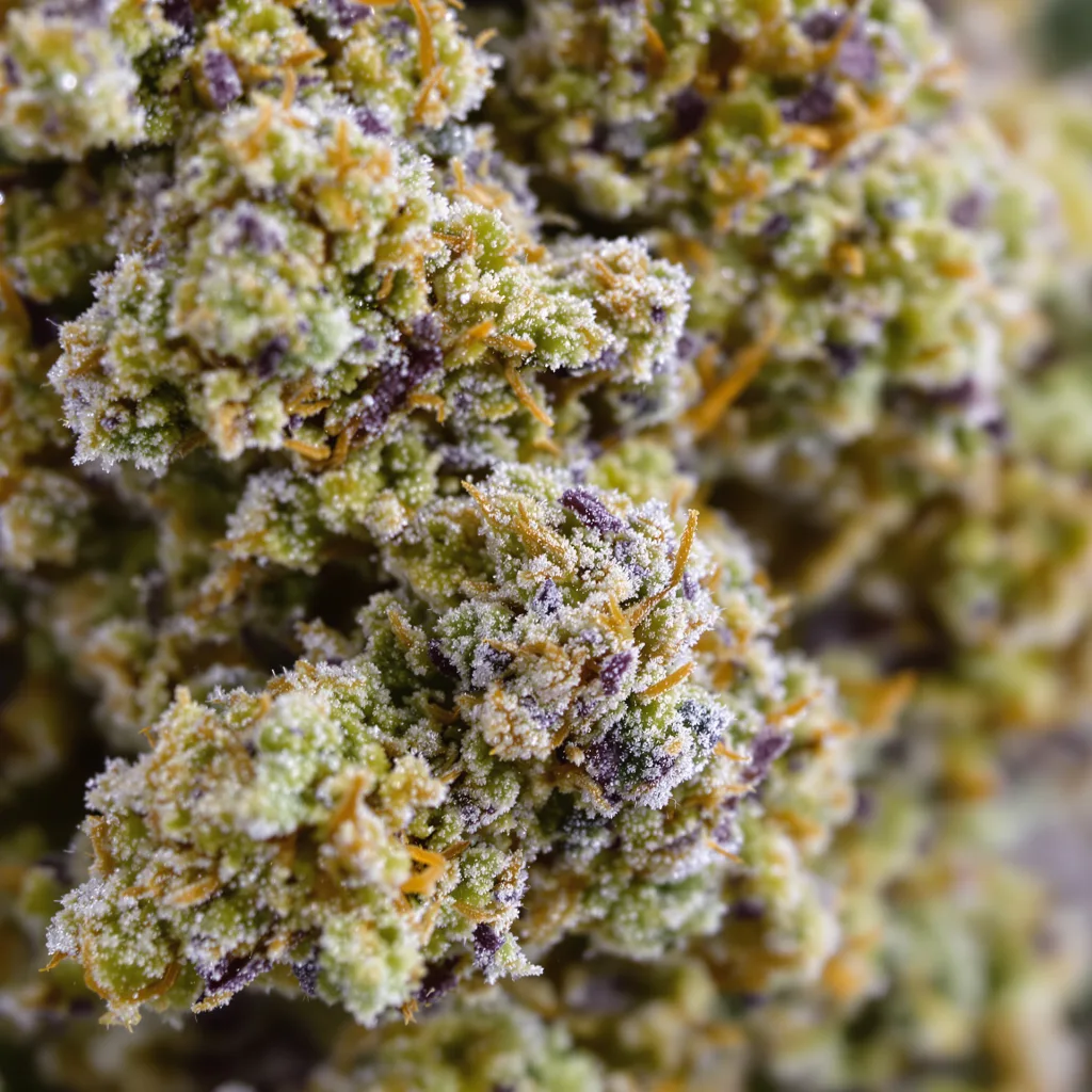Gros plan de fleur de cannabis Valley Ghash montrant structure équilibrée avec trichomes givrés