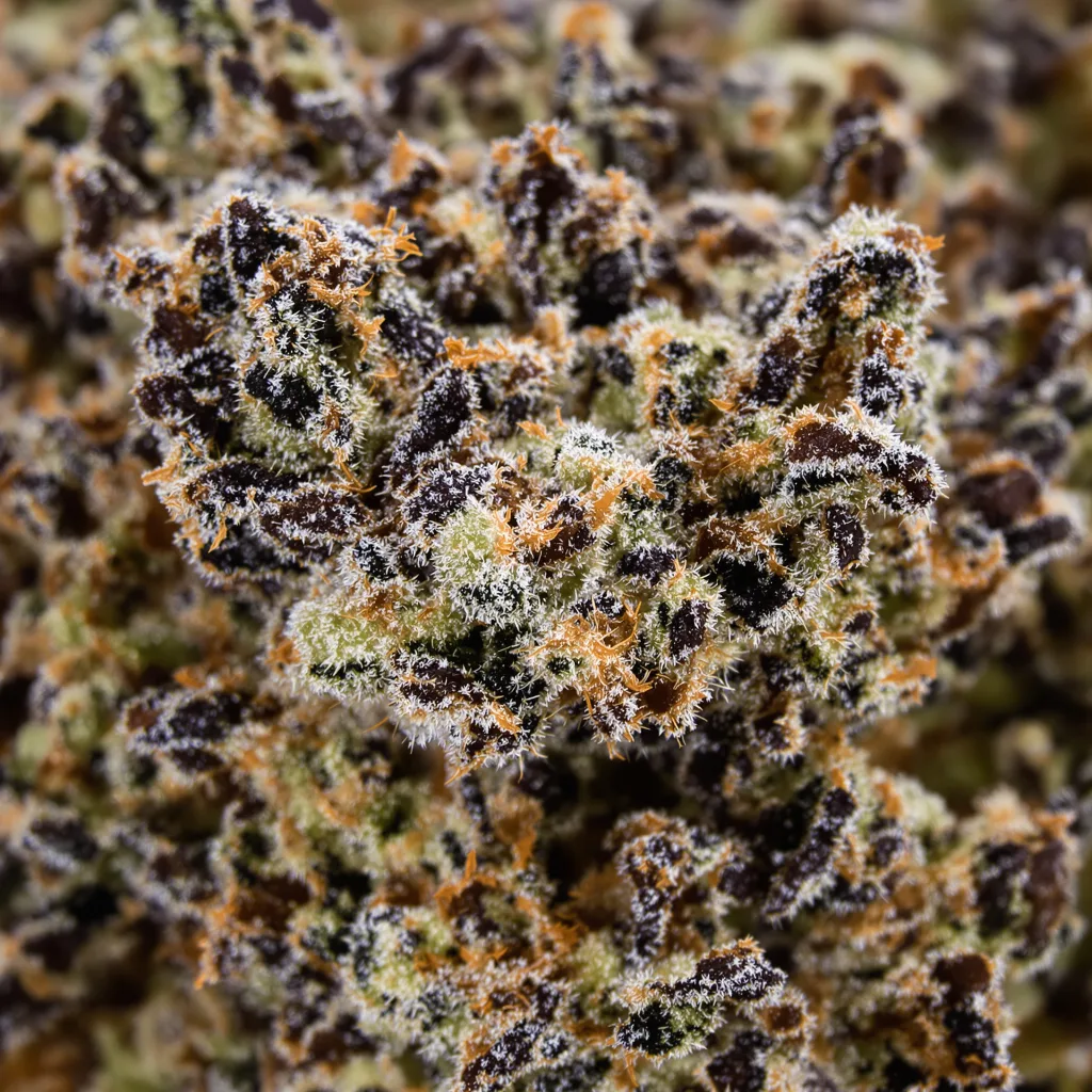 Gros plan de fleur de cannabis Vanilla Kush montrant calices denses aux reflets violets
