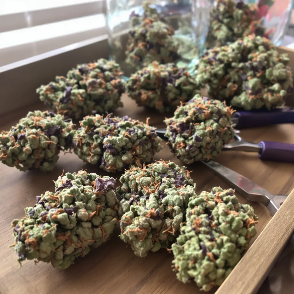 Venus OG 57% indica / 43% sativa — fleur avec trichomes visibles