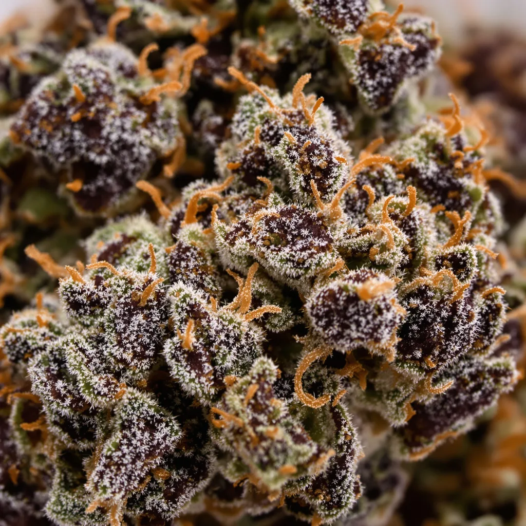 Gros plan de fleur de cannabis Warlock montrant calices denses aux reflets violets