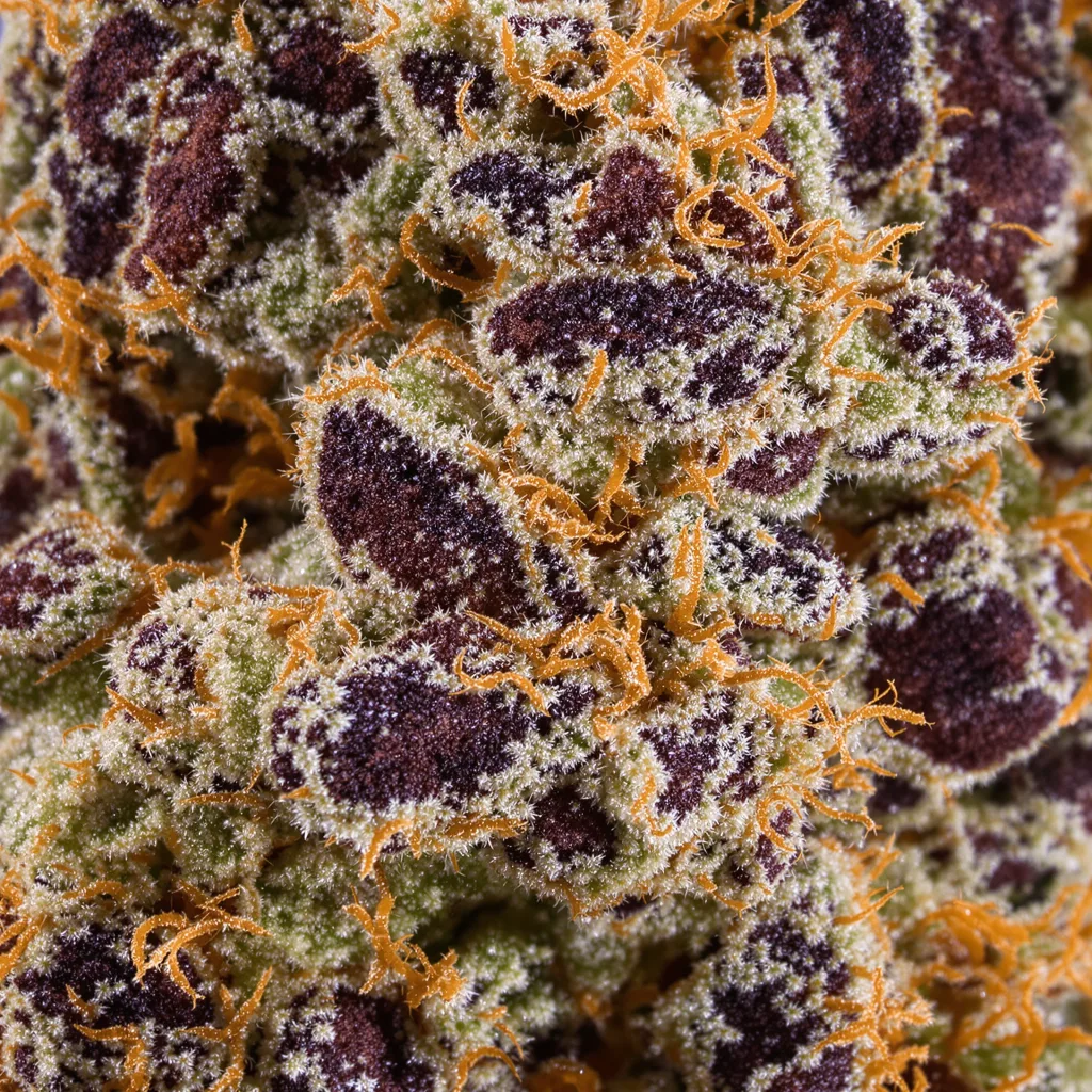 Gros plan de fleur de cannabis Watermelon Bubblegum montrant calices denses aux reflets violets