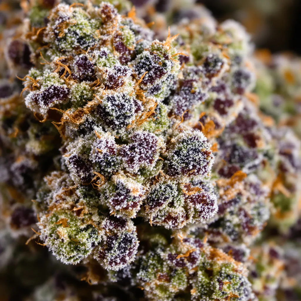 Gros plan de fleur de cannabis Watermelon montrant calices denses aux reflets violets