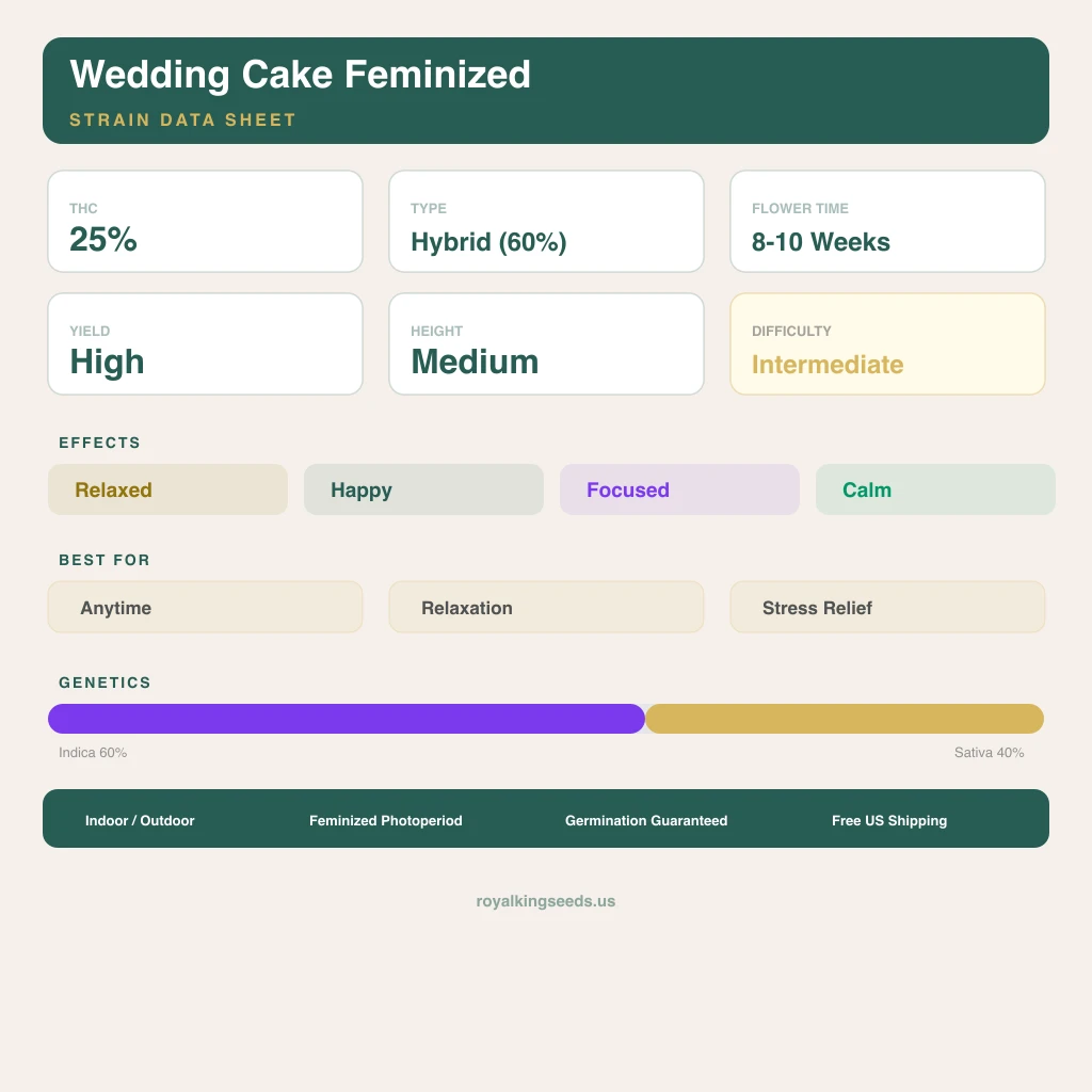 Wedding Cake 60% indica / 40% sativa — fleur avec trichomes visibles