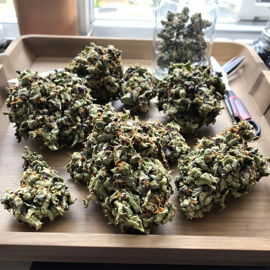 Wedding Pie 78% indica / 22% sativa — fleur avec trichomes visibles