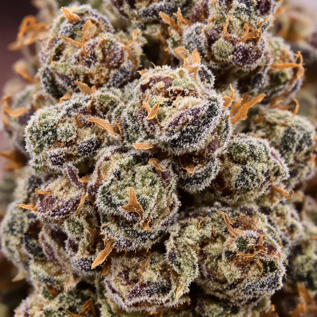 Gros plan de fleur de cannabis Wedding Pie montrant calices denses aux reflets violets