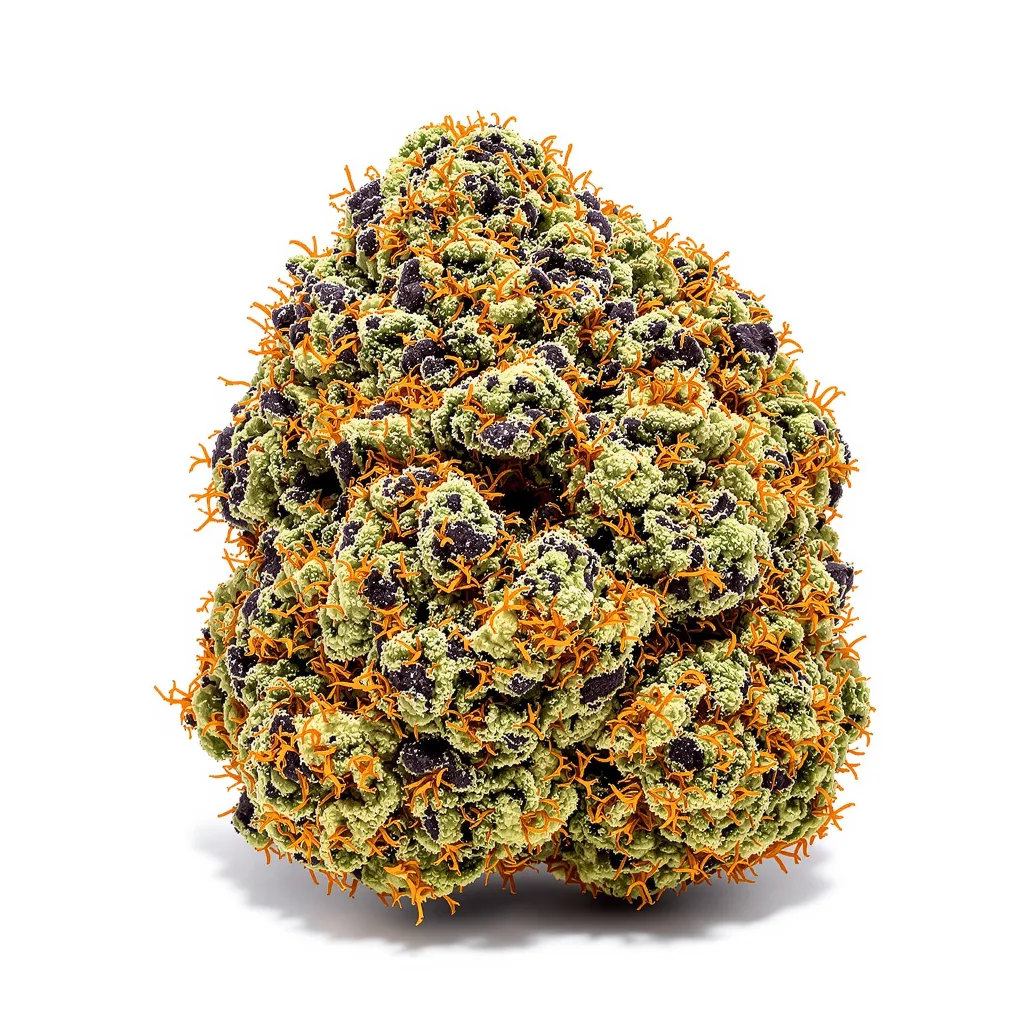 Wedding Pie 78% indica / 22% sativa — fleur avec trichomes visibles