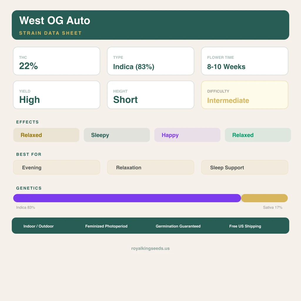 West OG 83% indica / 17% sativa — fleur avec trichomes visibles