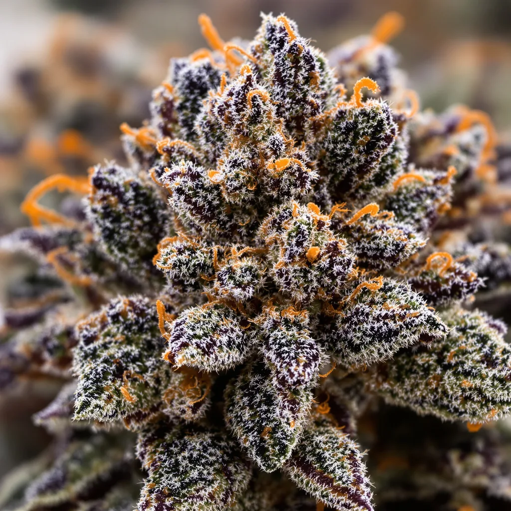 Gros plan de fleur de cannabis West OG montrant calices denses aux reflets violets
