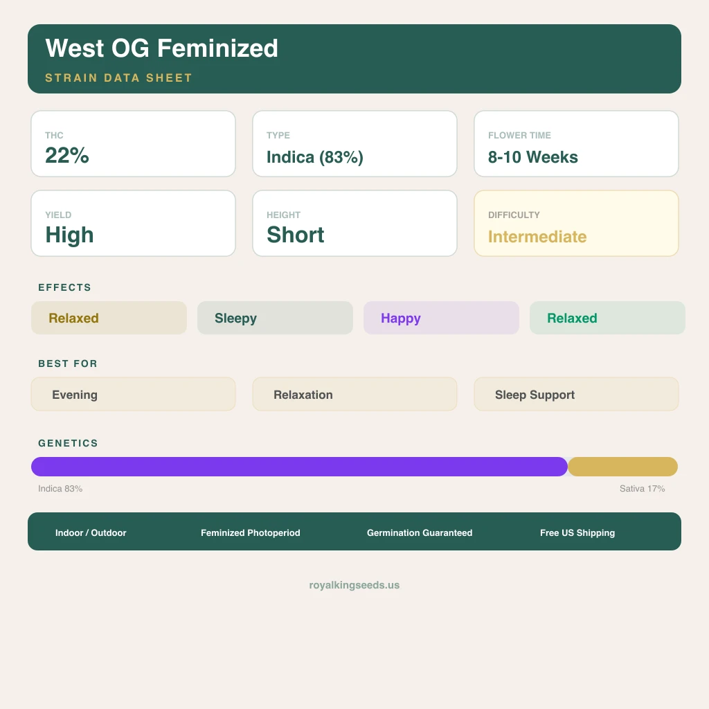 West OG 83% indica / 17% sativa — fleur avec trichomes visibles
