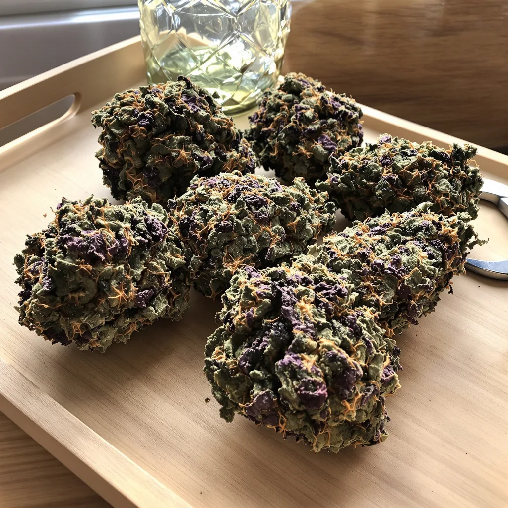 Whitaker Blues 77% indica / 23% sativa — fleur avec trichomes visibles