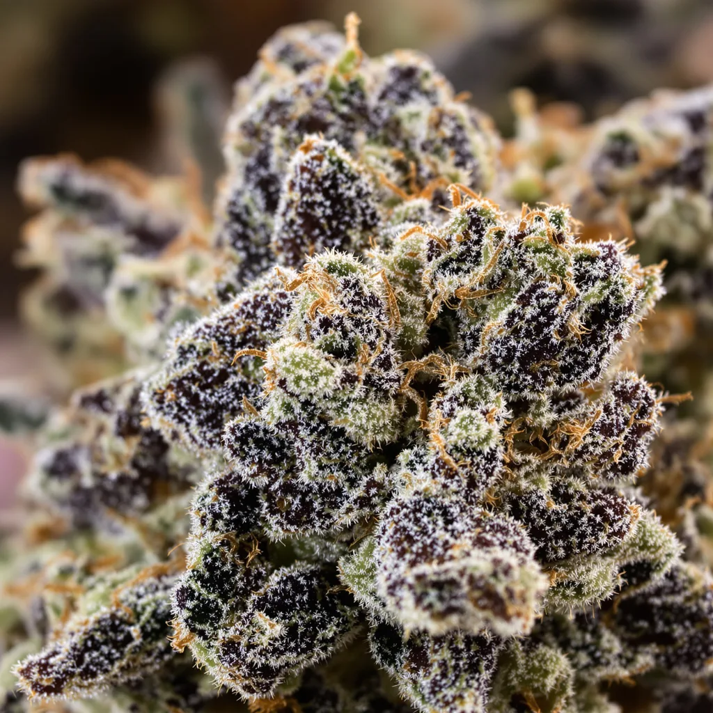 Gros plan de fleur de cannabis Whitaker Blues montrant calices denses aux reflets violets