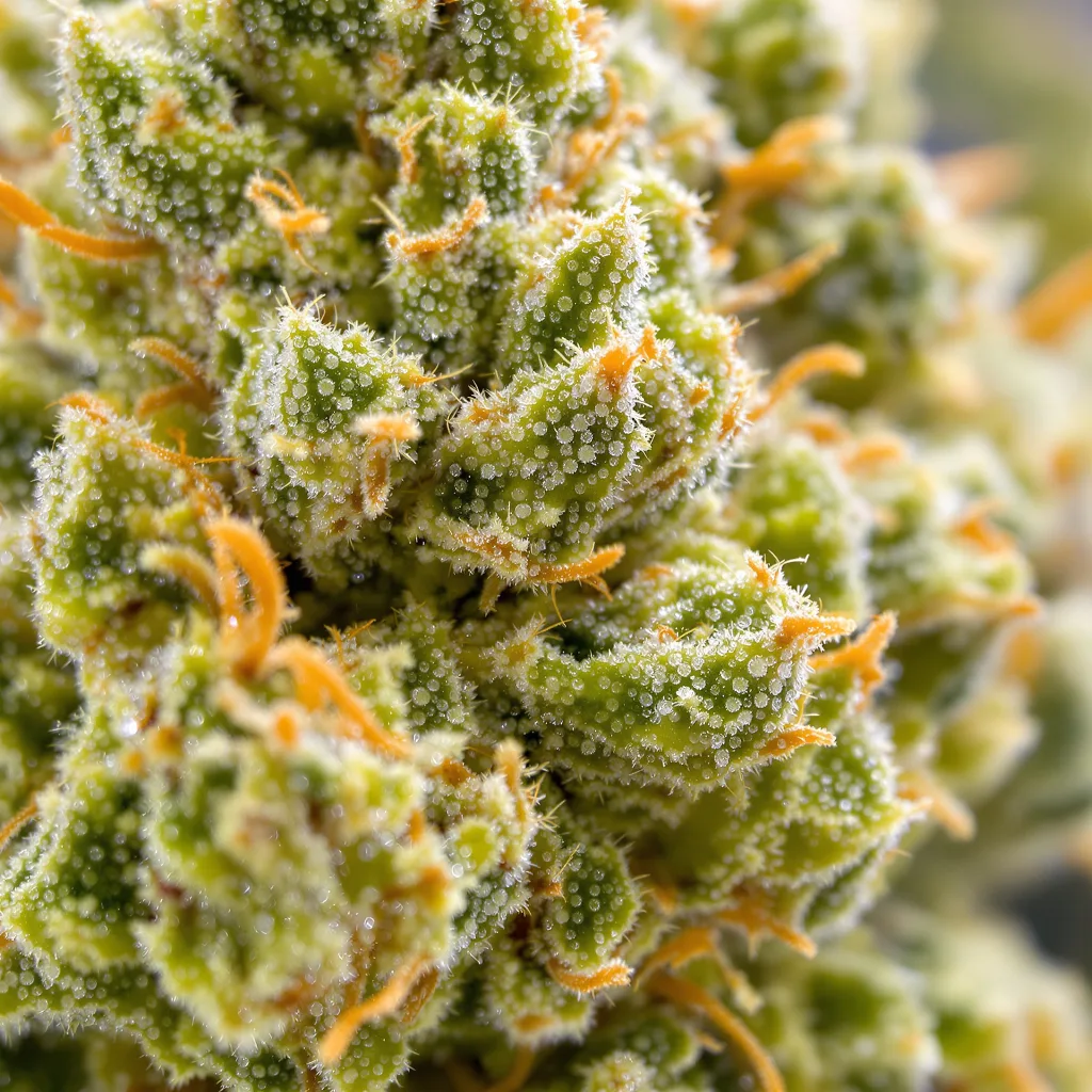 Gros plan de fleur de cannabis White Buffalo montrant structure aérée vert lime