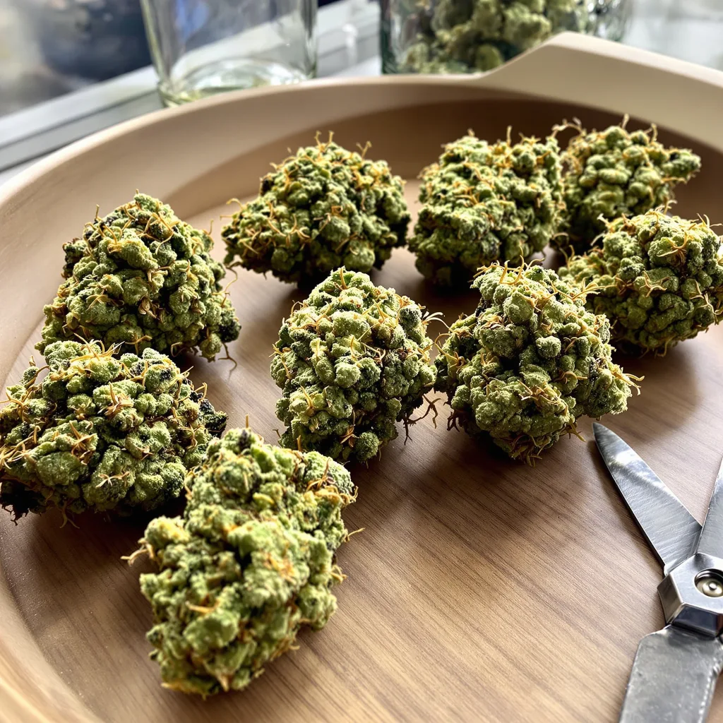 White Buffalo 20% indica / 70% sativa — fleur avec trichomes visibles