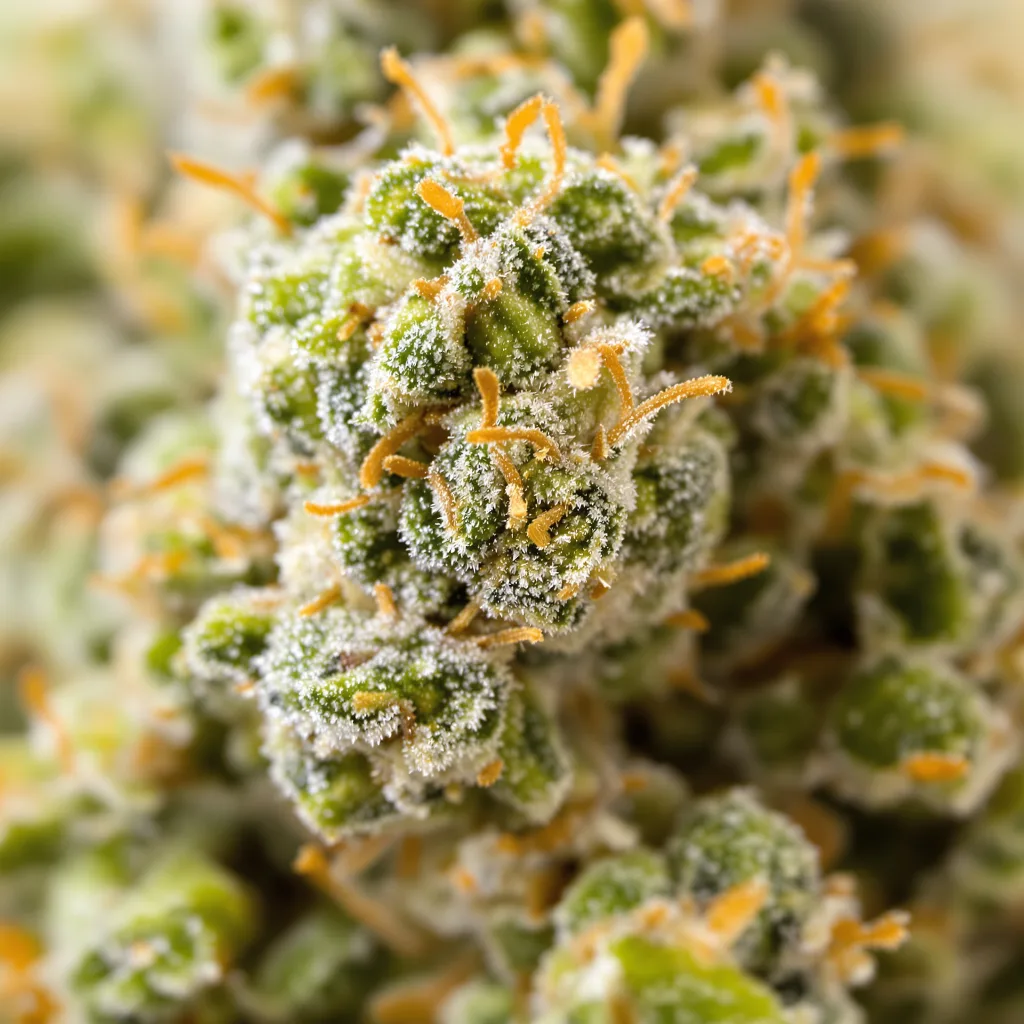 Gros plan de fleur de cannabis White Buffalo montrant structure aérée vert lime