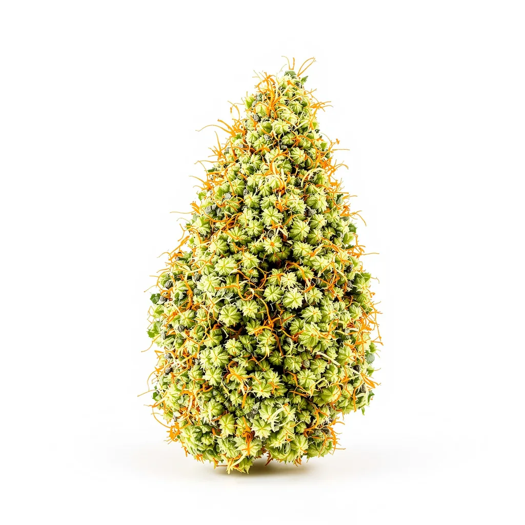 White Buffalo 20% indica / 70% sativa — fleur avec trichomes visibles