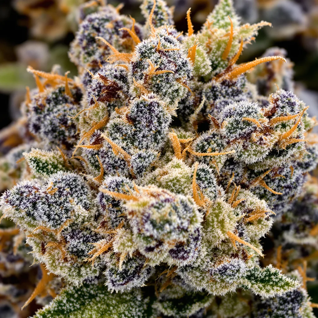 Gros plan de fleur de cannabis White Fire 43 montrant calices denses aux reflets violets