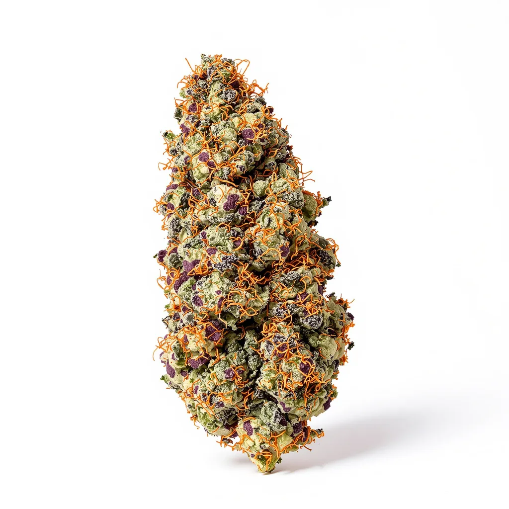 White Fire 43 77% indica / 23% sativa — fleur avec trichomes visibles