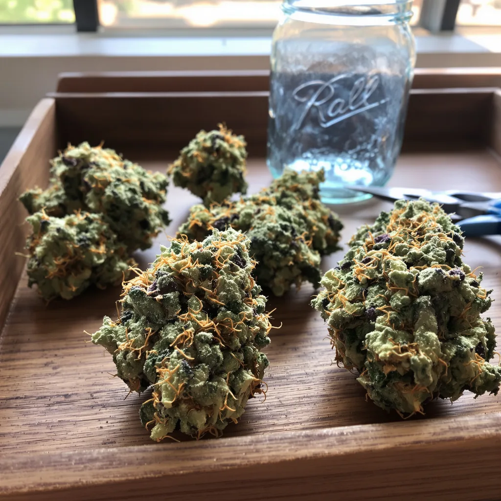 White Fire OG 60% indica / 40% sativa — fleur avec trichomes visibles