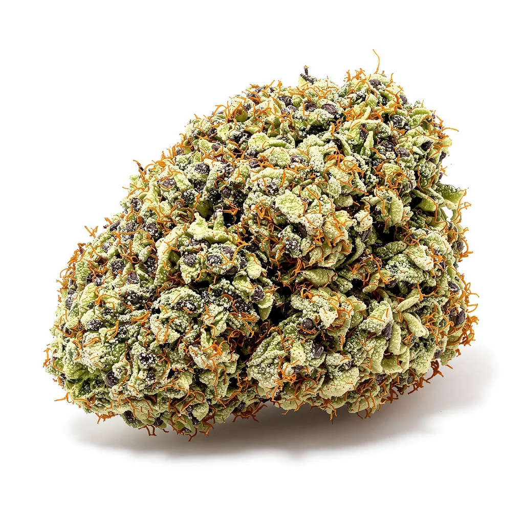 White Fire OG 60% indica / 40% sativa — fleur avec trichomes visibles