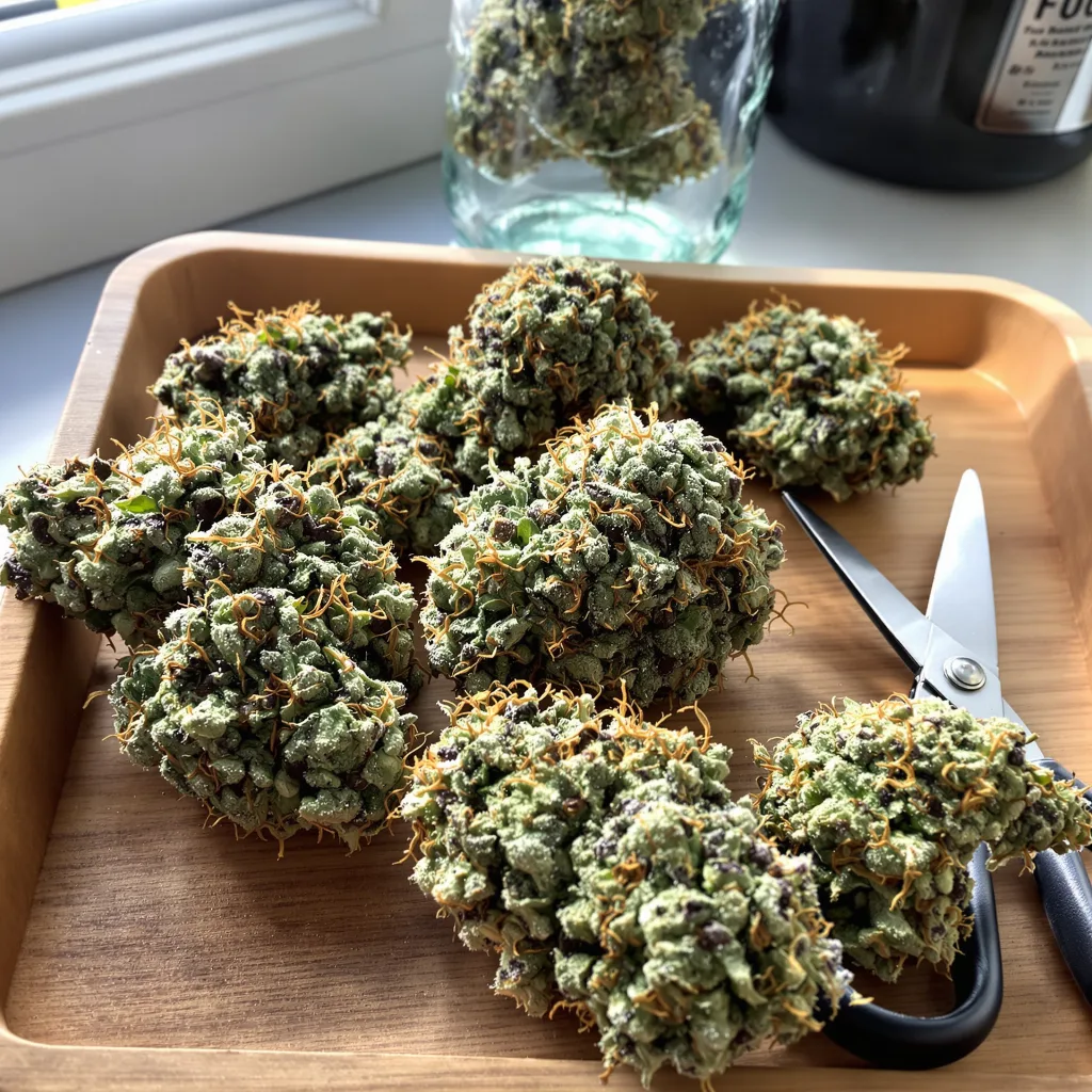 White Fire OG 60% indica / 40% sativa — fleur avec trichomes visibles