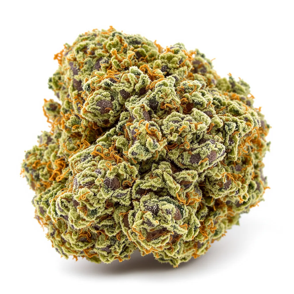 White Fire OG 60% indica / 40% sativa — fleur avec trichomes visibles