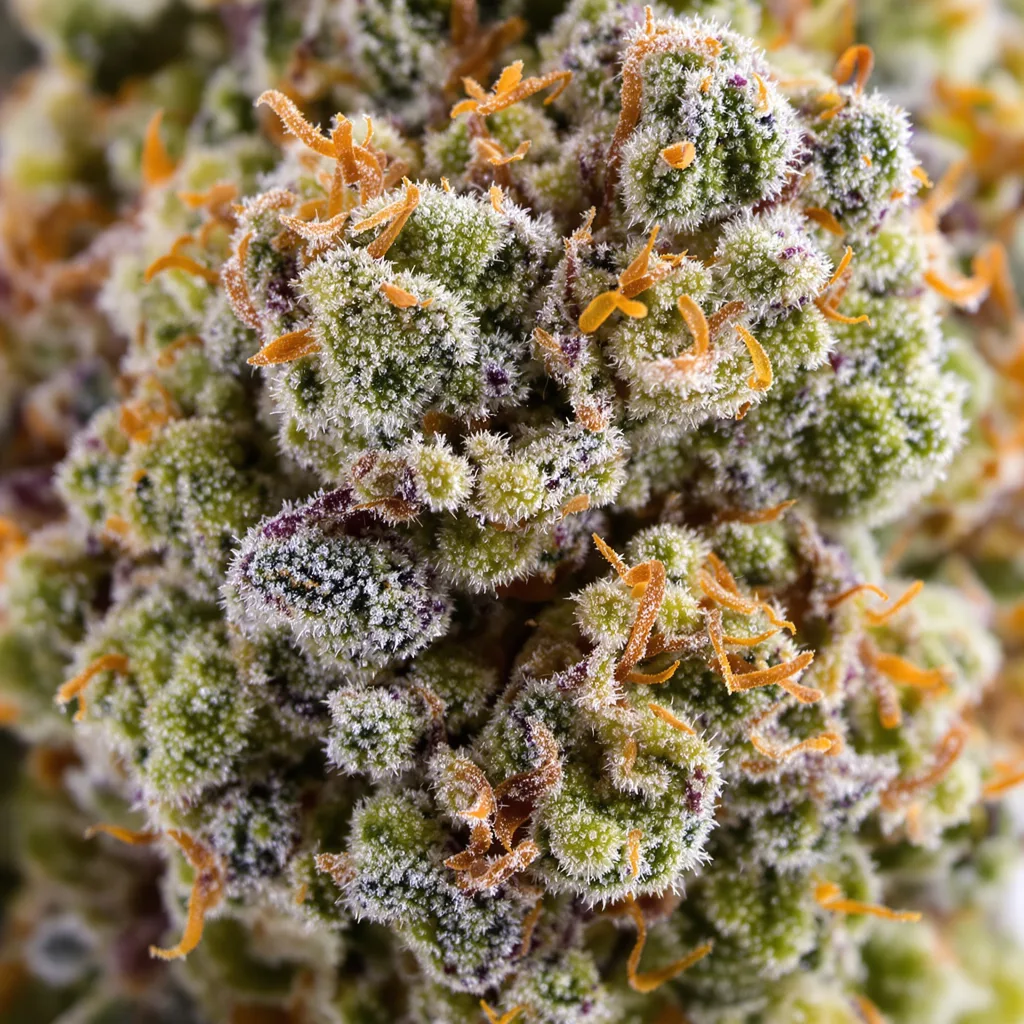 Gros plan de fleur de cannabis White Kryptonite montrant structure équilibrée avec trichomes givrés