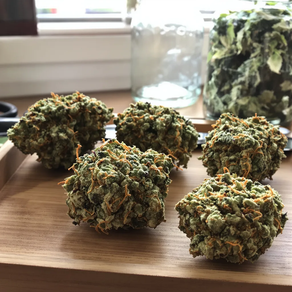 White Kush 64% indica / 36% sativa — fleur avec trichomes visibles