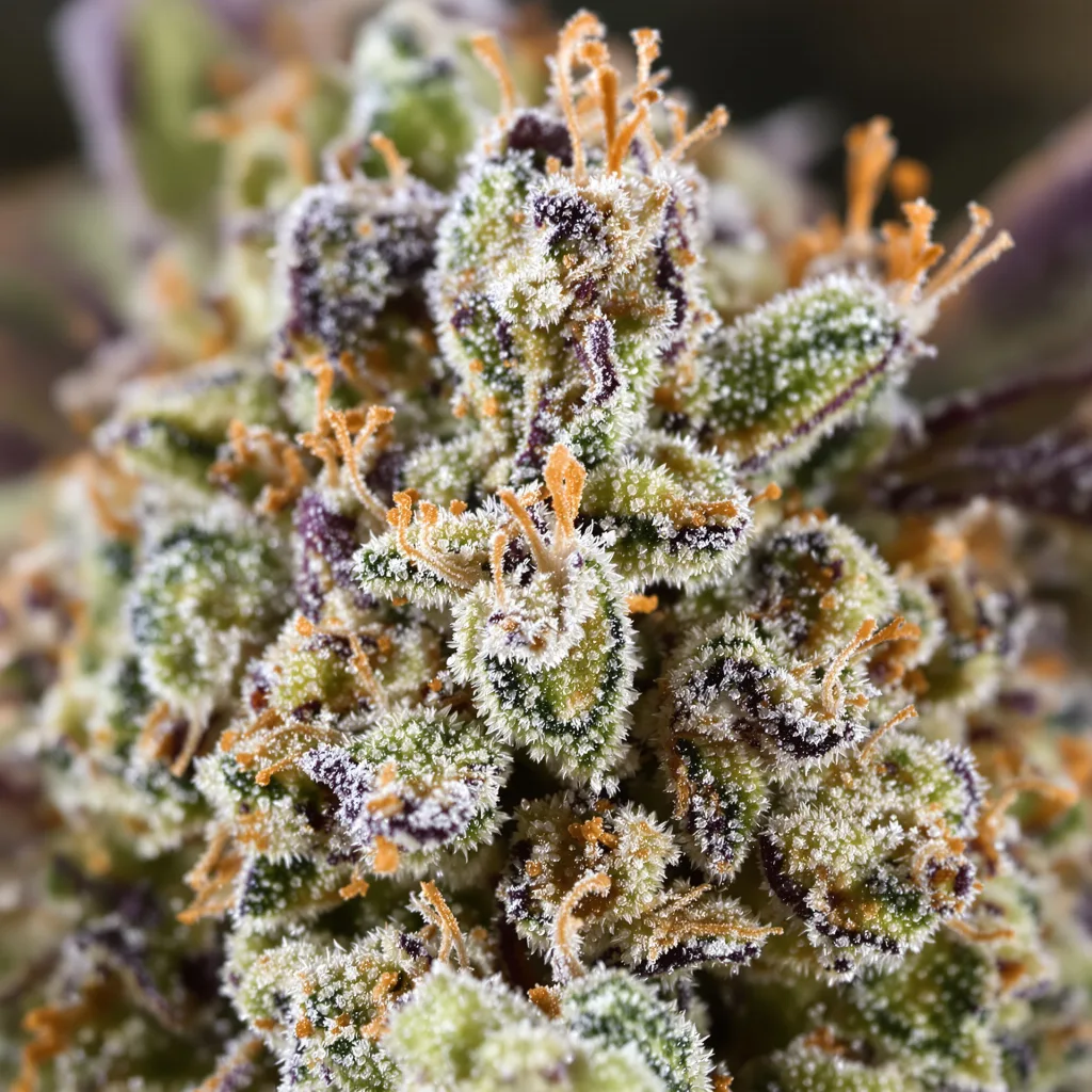 Gros plan de fleur de cannabis White Lightning montrant structure équilibrée avec trichomes givrés