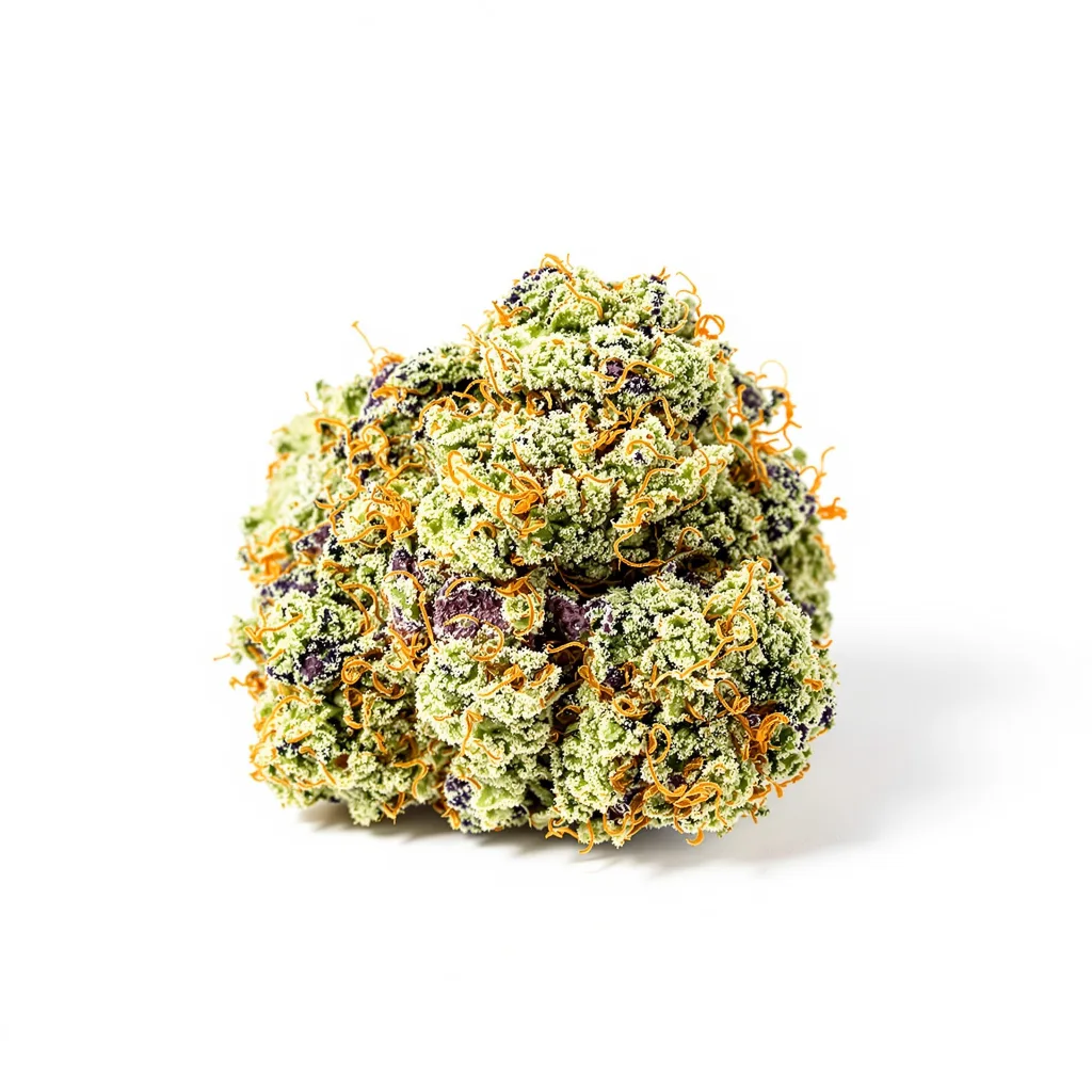 White Lightning 50% indica / 40% sativa — fleur avec trichomes visibles
