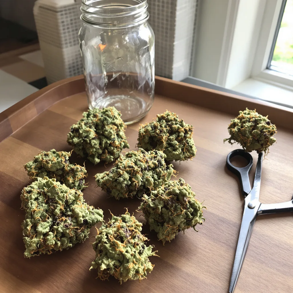 White Lightning 50% indica / 40% sativa — fleur avec trichomes visibles