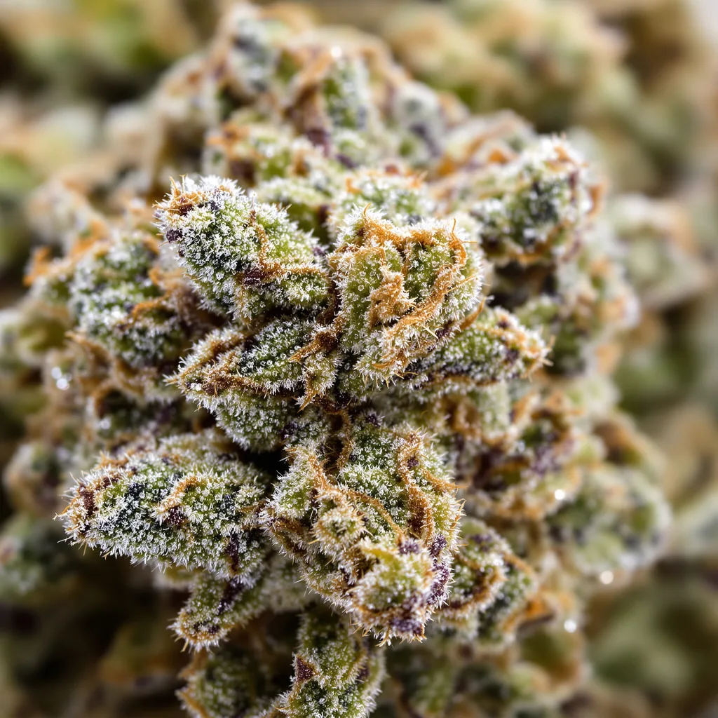 Gros plan de fleur de cannabis White Lightning montrant structure équilibrée avec trichomes givrés