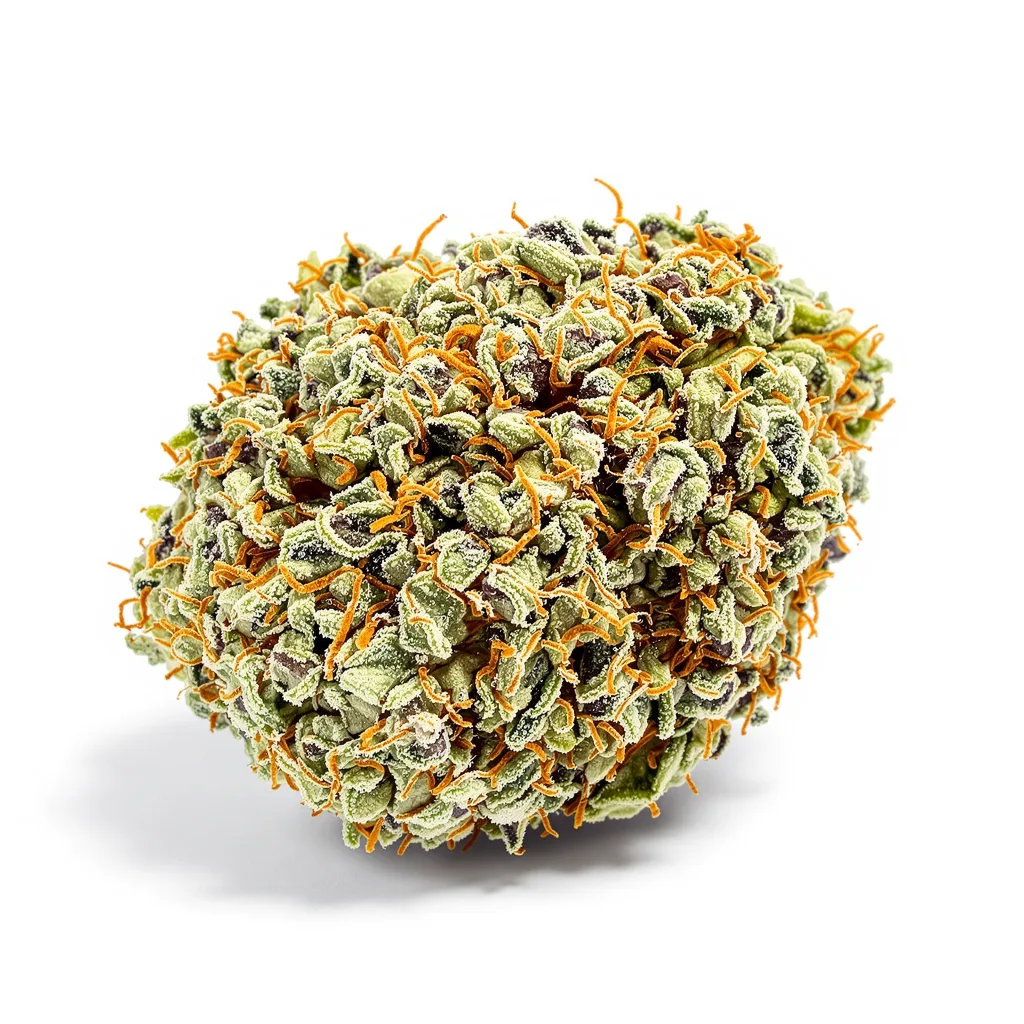 White Lightning 50% indica / 40% sativa — fleur avec trichomes visibles